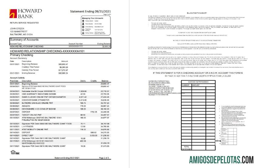Modelo de extrato bancário pessoal dos EUA Maryland Howard para download, formato Excel e PDF (.xls e .pdf) (4 páginas)